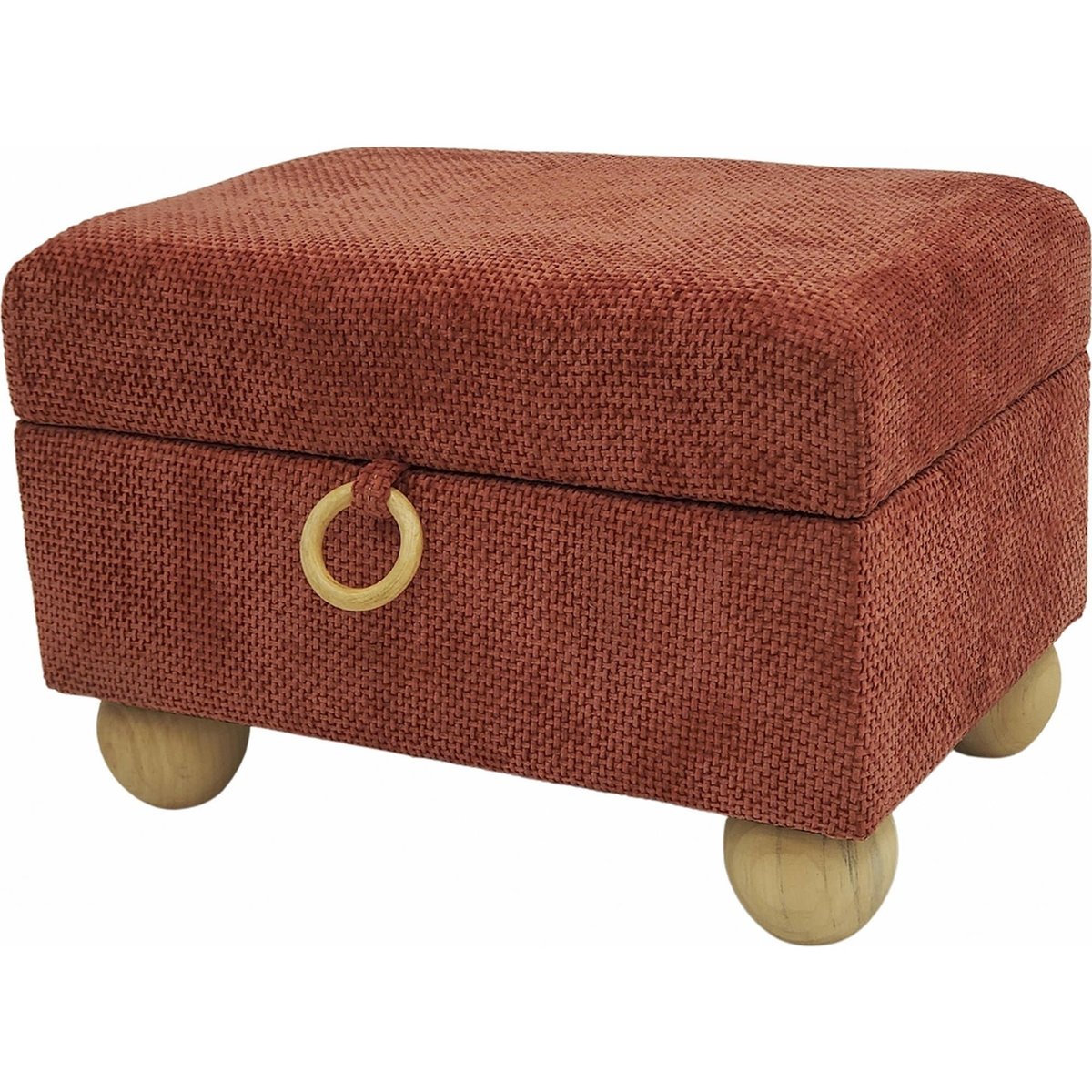 Pouf coffre rectangulaire en bois et tissu rouge chenille bois naturel, RECOLLECTION