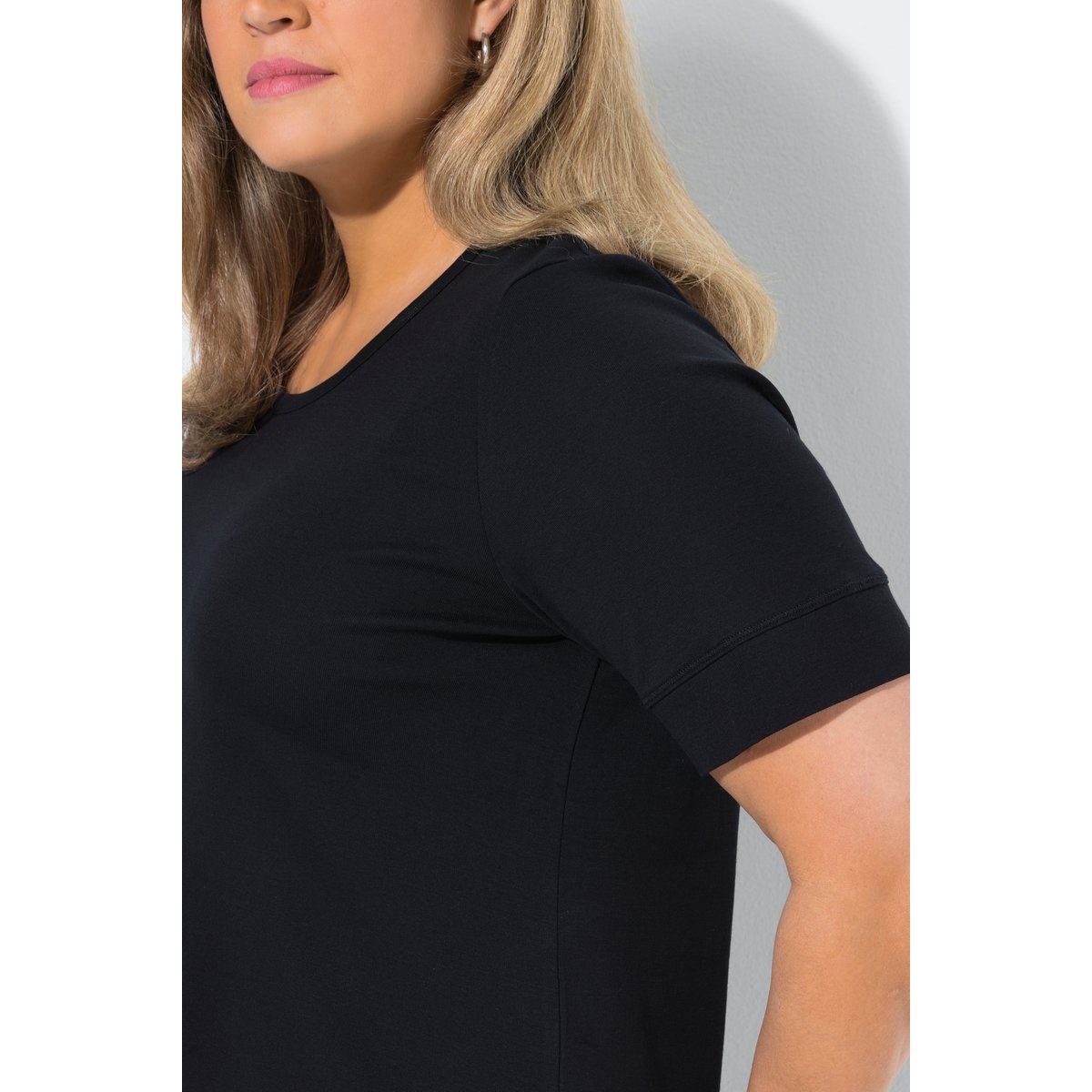 T-shirt, jersey côtelé, col rond noir, ULLA POPKEN
