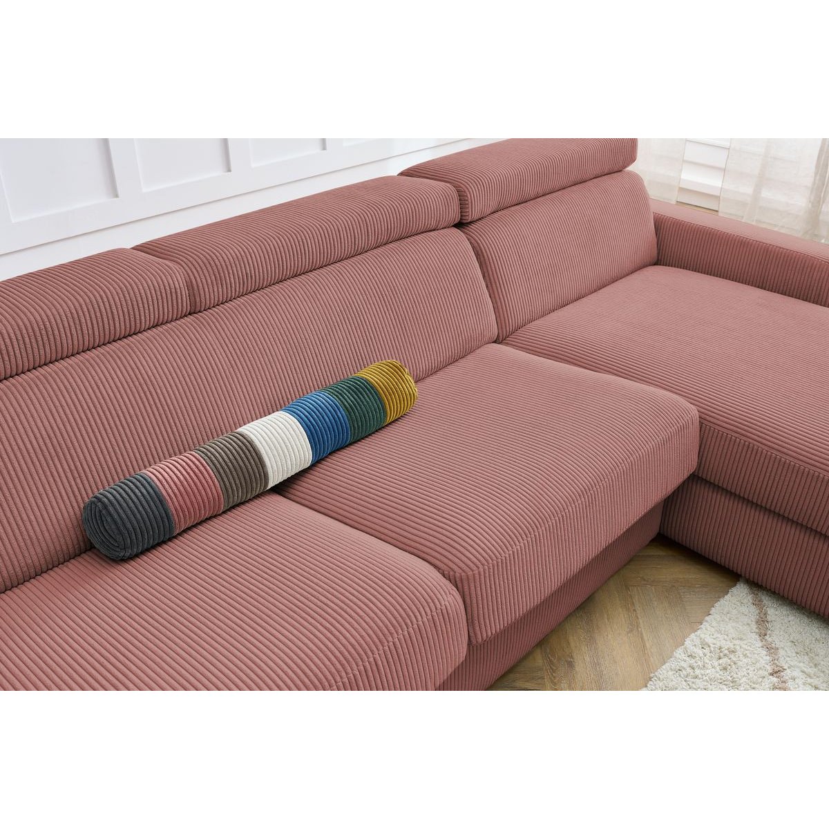 Canapé d'angle convertible 4 places en velours côtelé couchage 140x190 cm, MONACO rose, BOBOCHIC