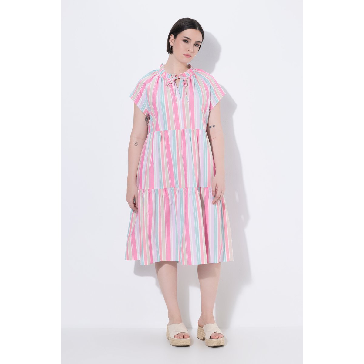 Robe midi, rayures, coupe en A, col rond rose tendre, ULLA POPKEN