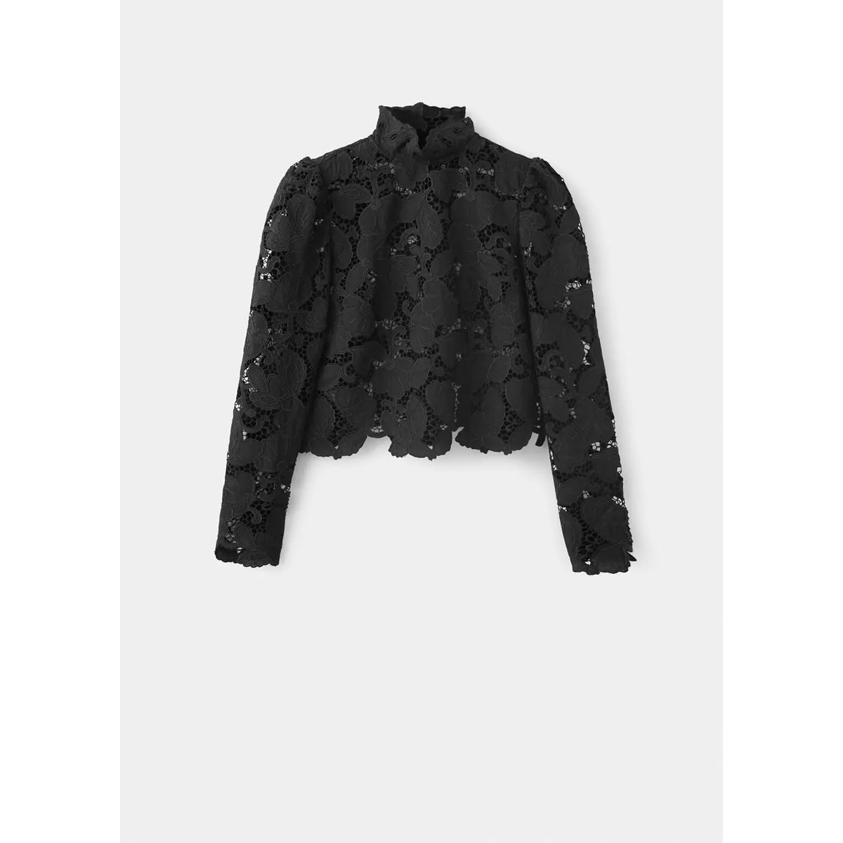 Blouse en guipure col montant noir, MANGO