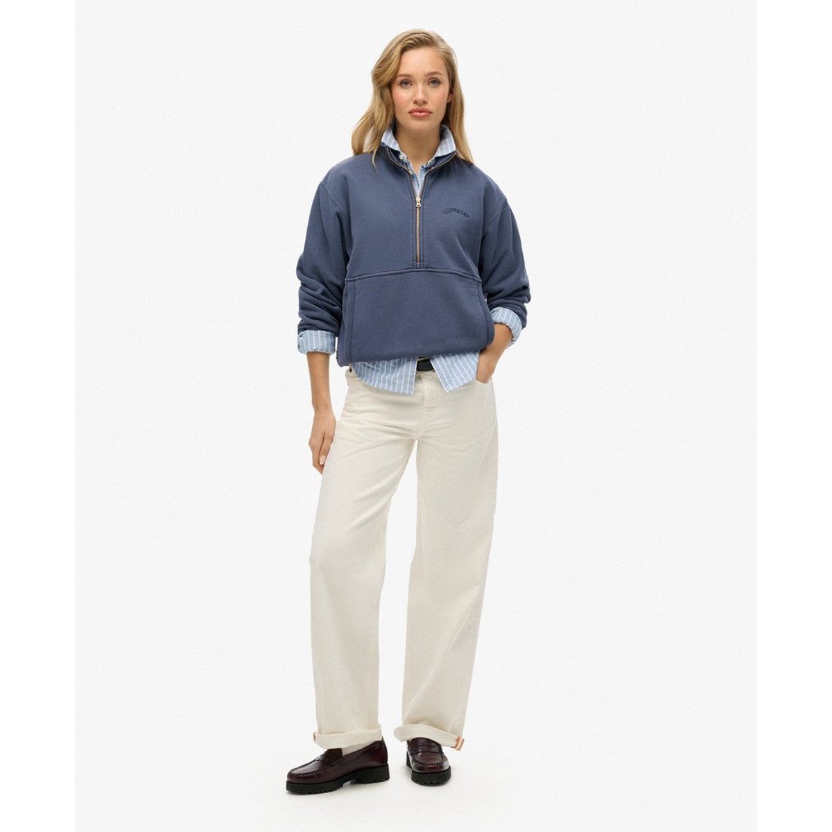 Sweat oversize à col zippé et logo Essential bleu marine lauren, SUPERDRY