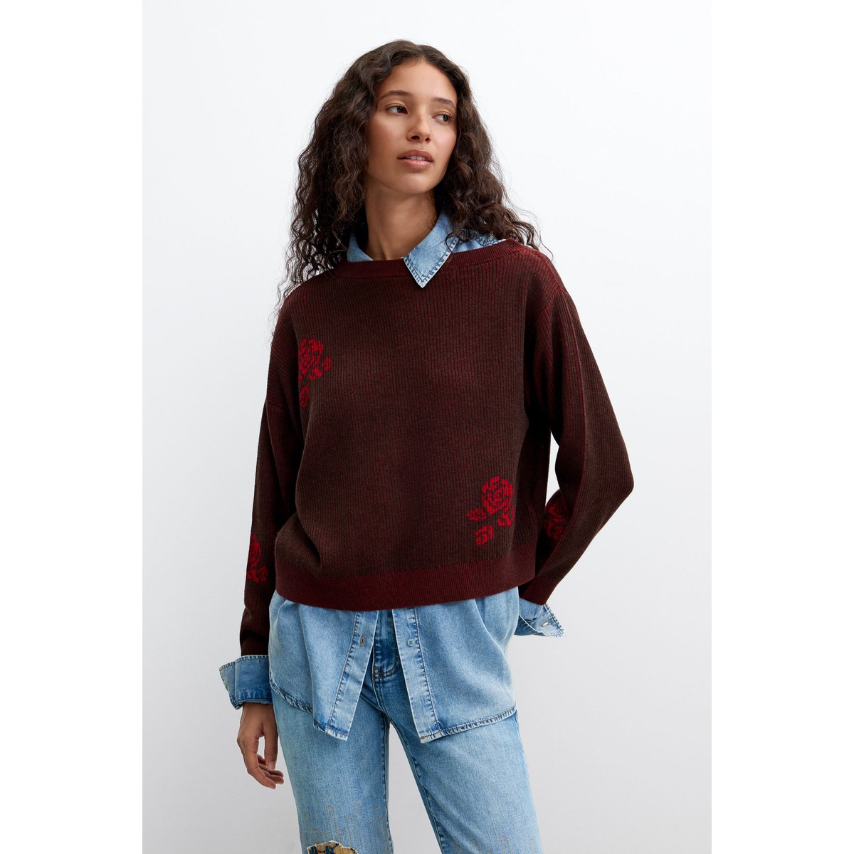 pull en maille fine à fleurs rouge, DESIGUAL