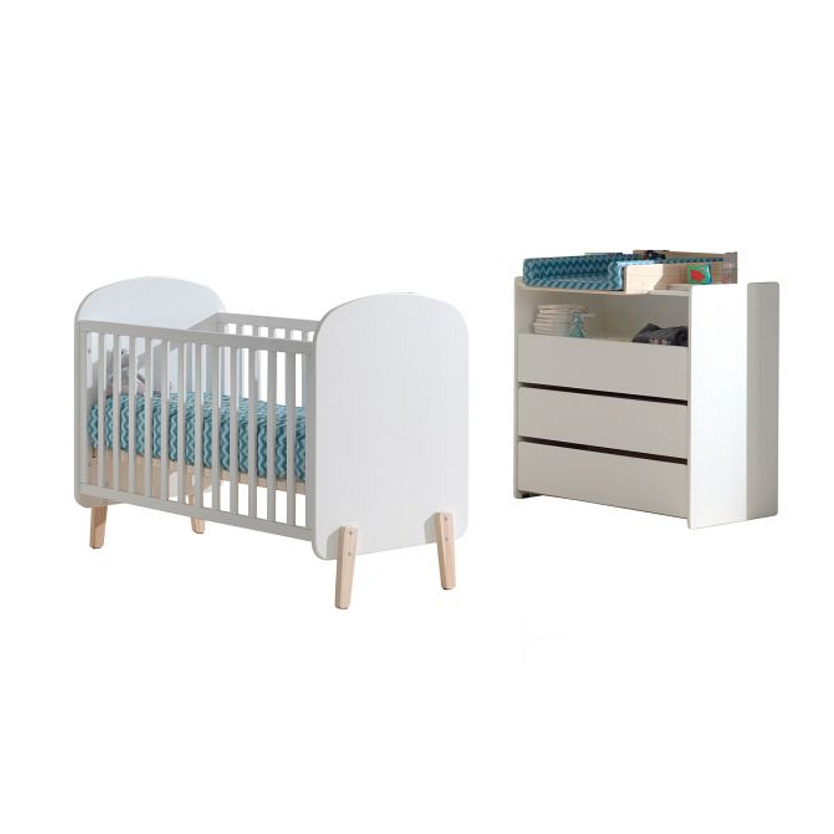 KIDDY Lit bébé Blanc + Commode + Plan à langer blanc, VIPACK