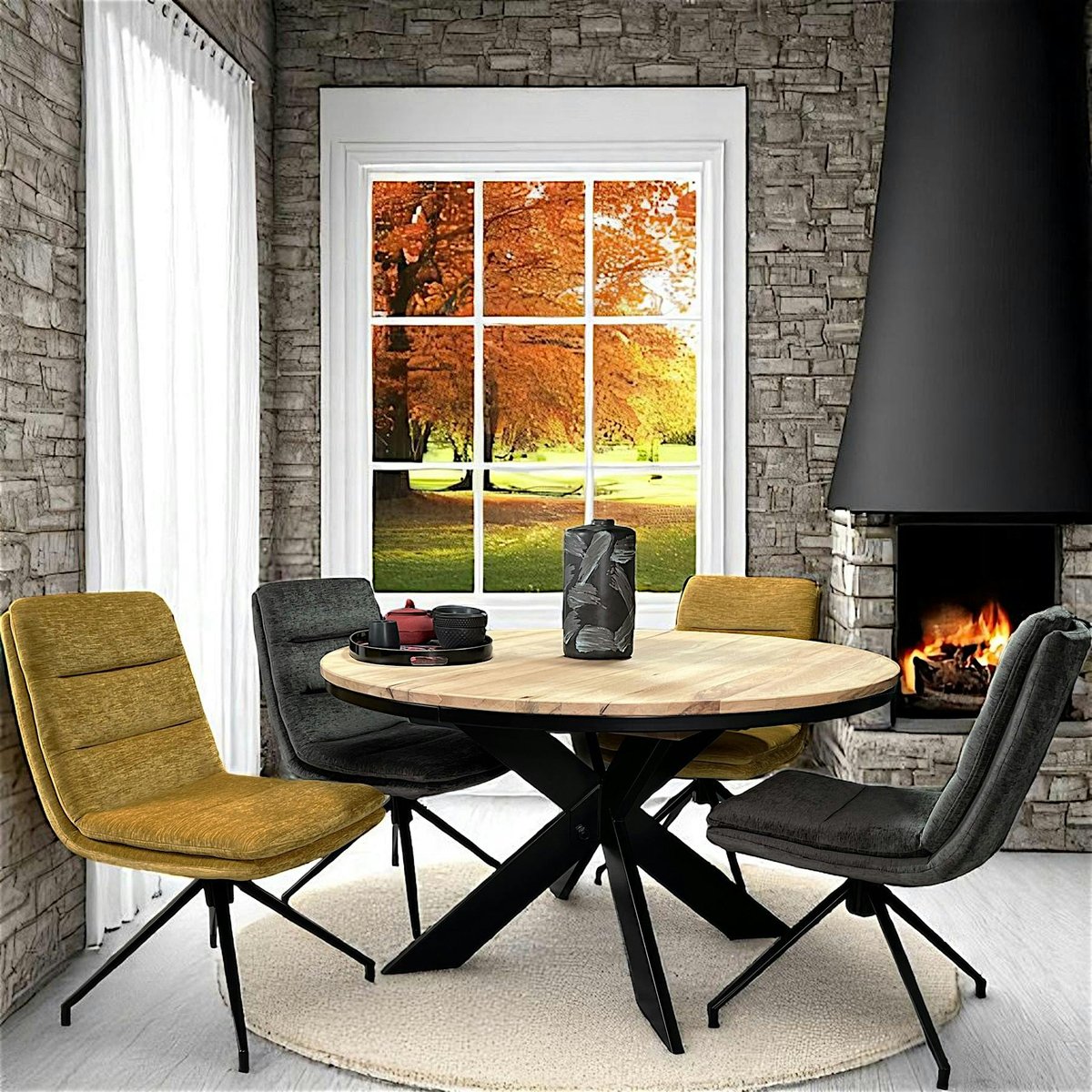 Table ronde extensible en chêne, pied mikado métal PALERME chêne blanc, PIER IMPORT