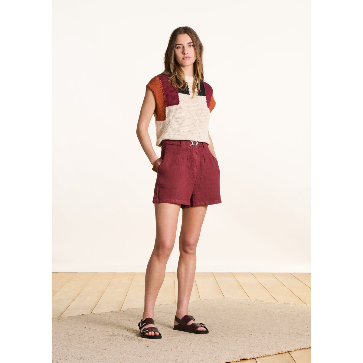 Short large en lin ceinturé mahogany, LA FEE MARABOUTEE