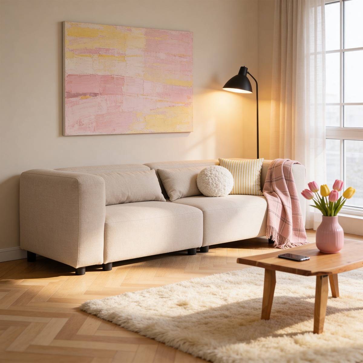 Canapé droit en tissu CAROLINE beige, MADE IN MEUBLES