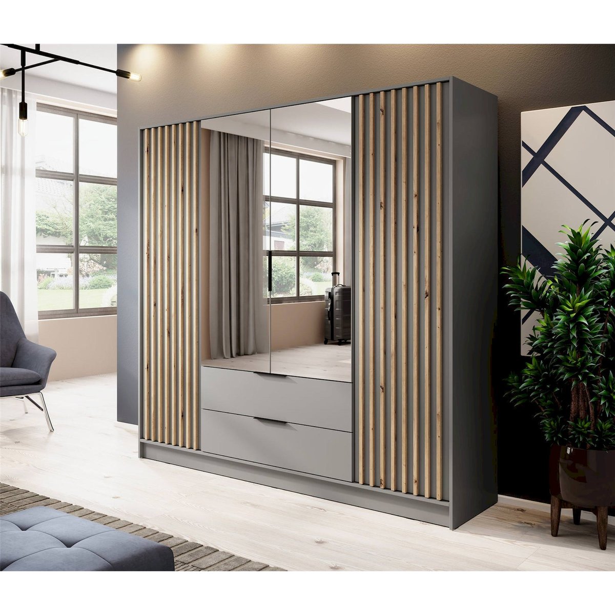 Armoire dressing miroir portes battantes gris et bois clair, RECOLLECTION