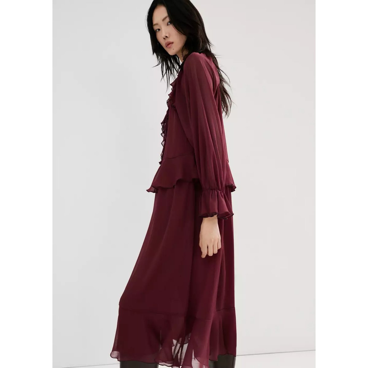Robe longue à volants bordeaux, MANGO