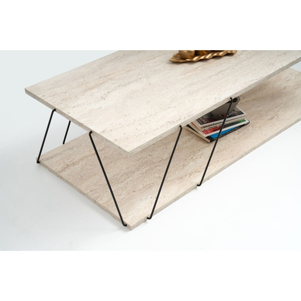 Table basse 2 niveaux effet travertin design minimaliste beige, TOILINUX
