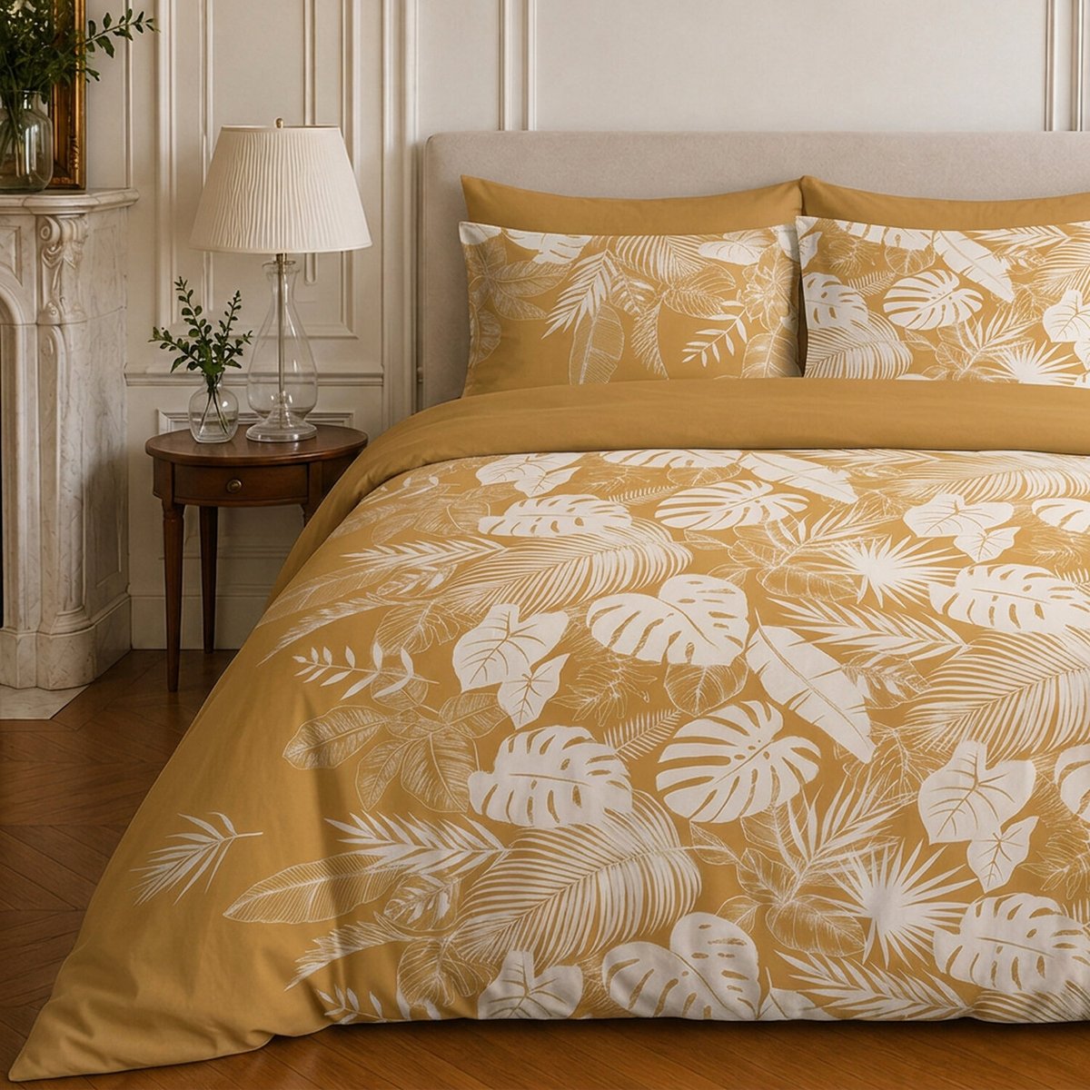 Parure de lit en coton motif tropical, LEAVES ocre, C DESIGN HOME TEXTILE
