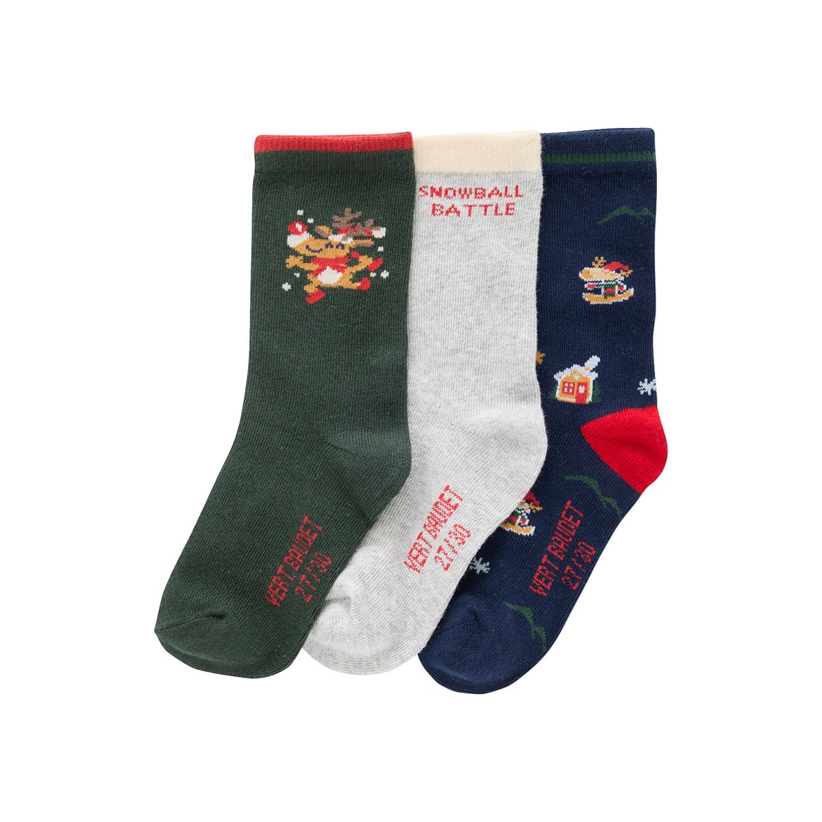 Coffret de 3 paires de chaussettes Noël gris chiné, VERTBAUDET