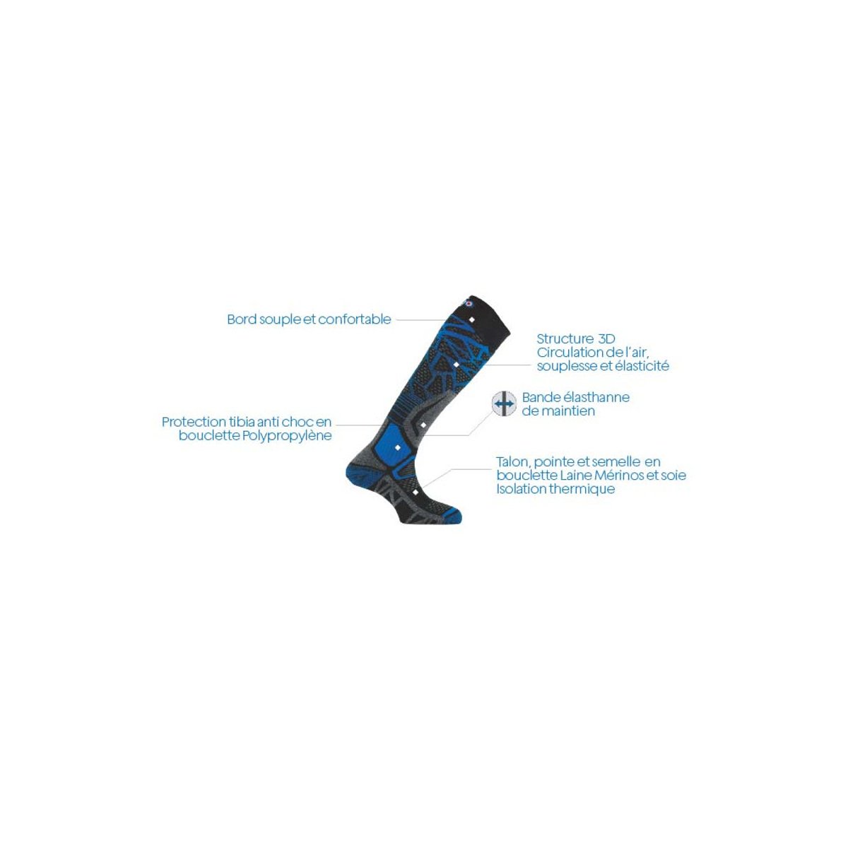 Mi-bas Ski tricot 3D en laine et soie haute performance noir tricolore, THYO