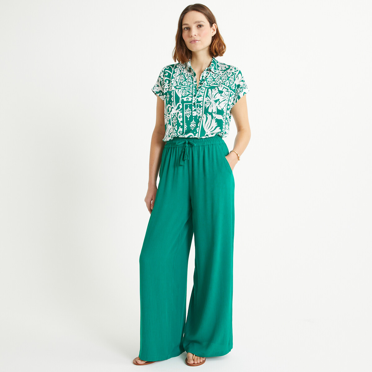 Printed Polo Shirt with Short Sleeves green print, ANNE WEYBURN