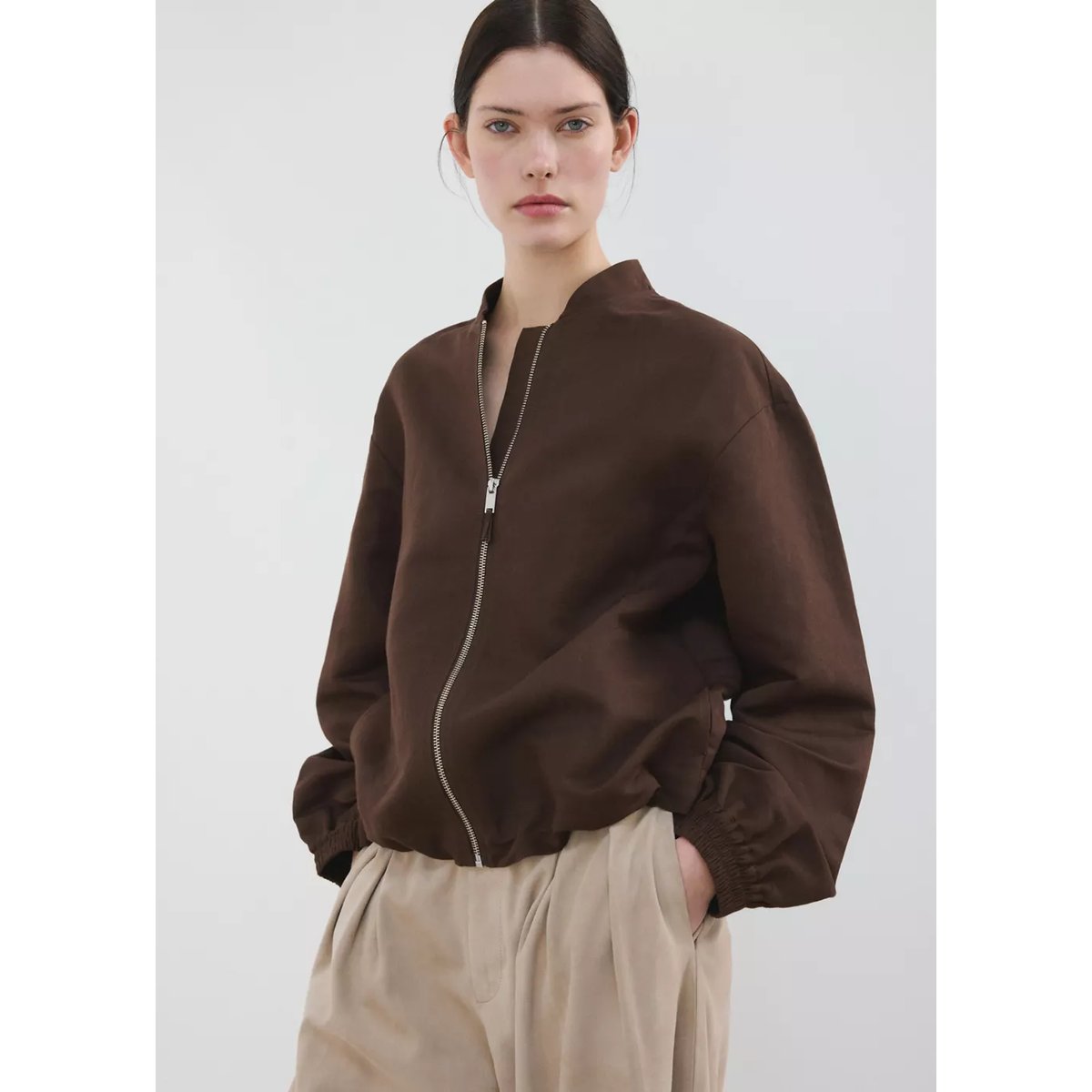 Veste bomber lin chocolat, MANGO