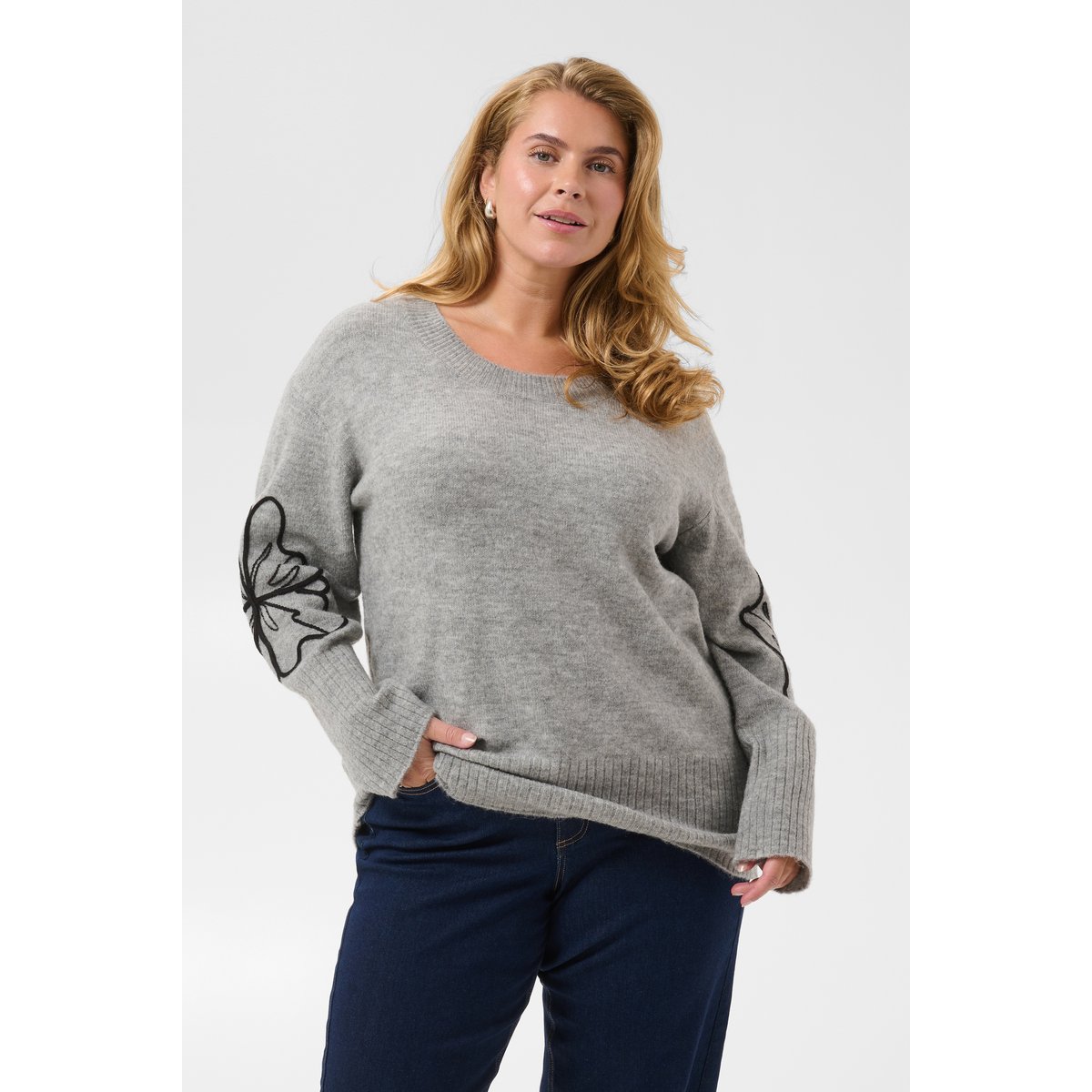 Pullover tricoté gris noir grey melange/black flower emb., KAFFE CURVE