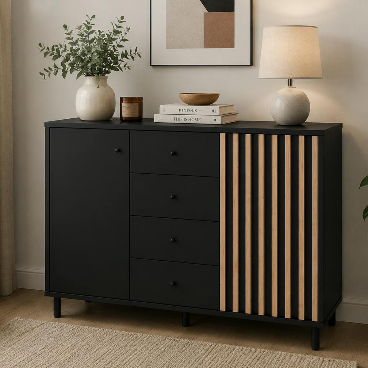 Buffet design noir et décor bois 2 portes 4 tiroirs NOREN noir, PIER IMPORT