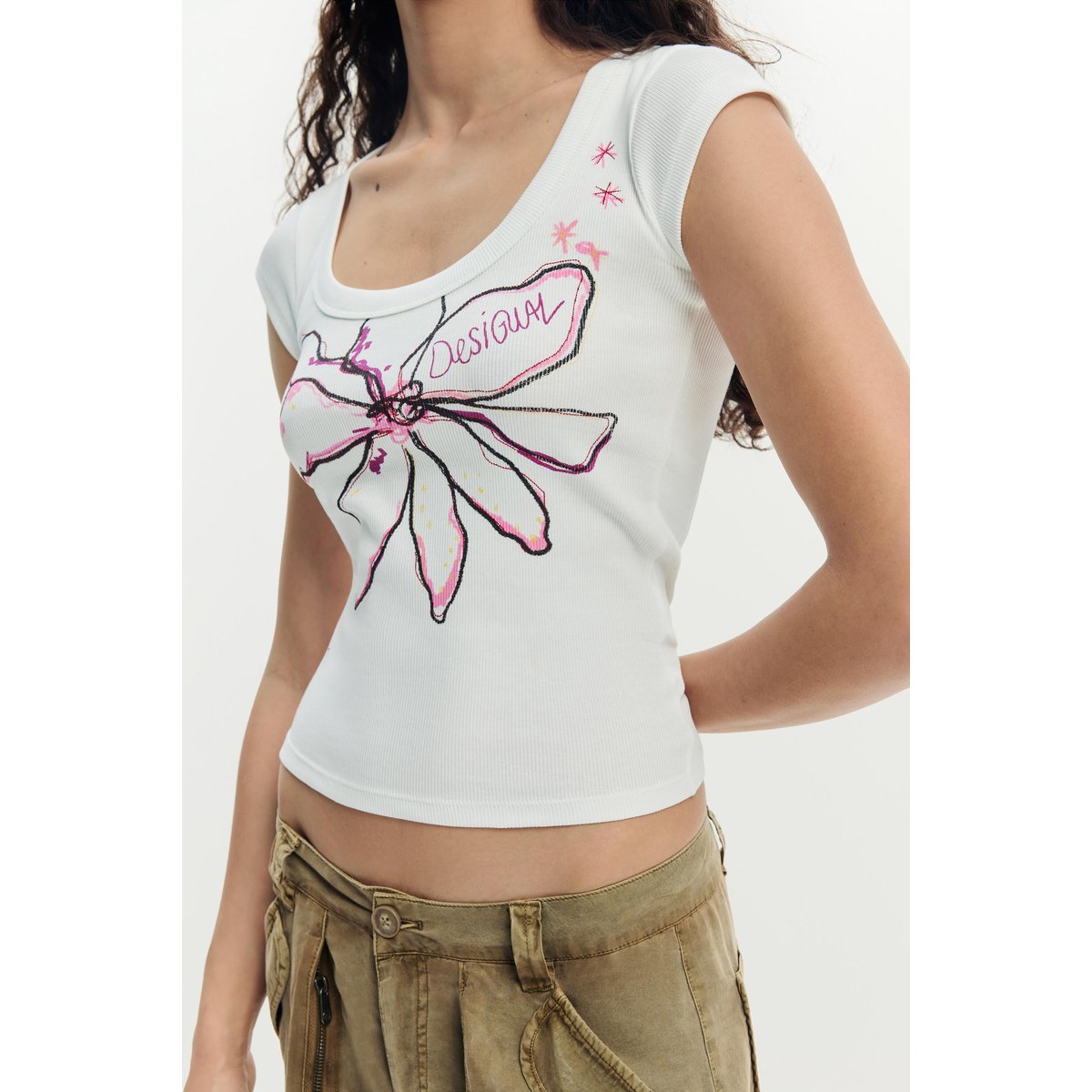 T-shirt ajusté fleur blanc, DESIGUAL
