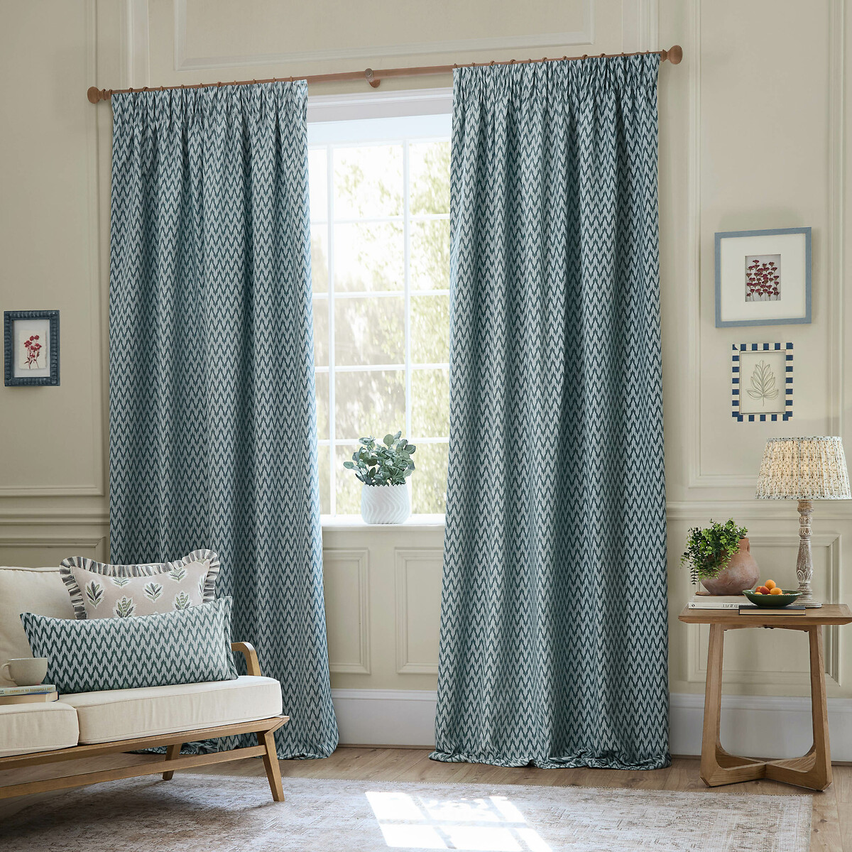 Hutton Woven Jacquard Pencil Pleat Curtains blue, SANDERSON
