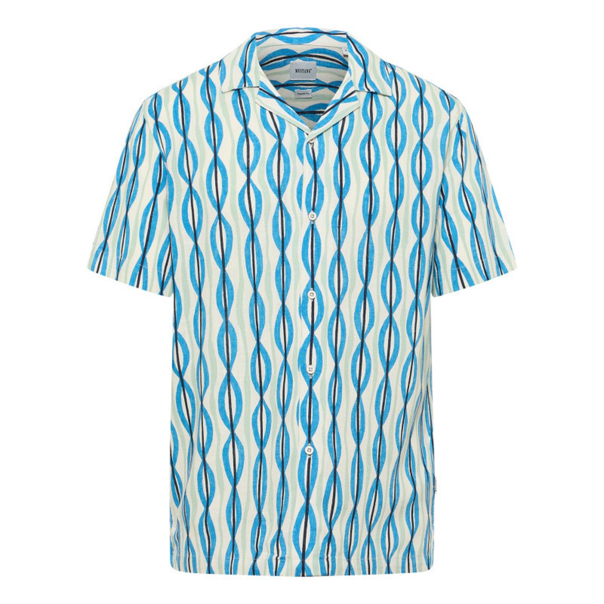 Chemise manches courtes bleue à motifs géométriques et à col cubain bleue, MUSTANG