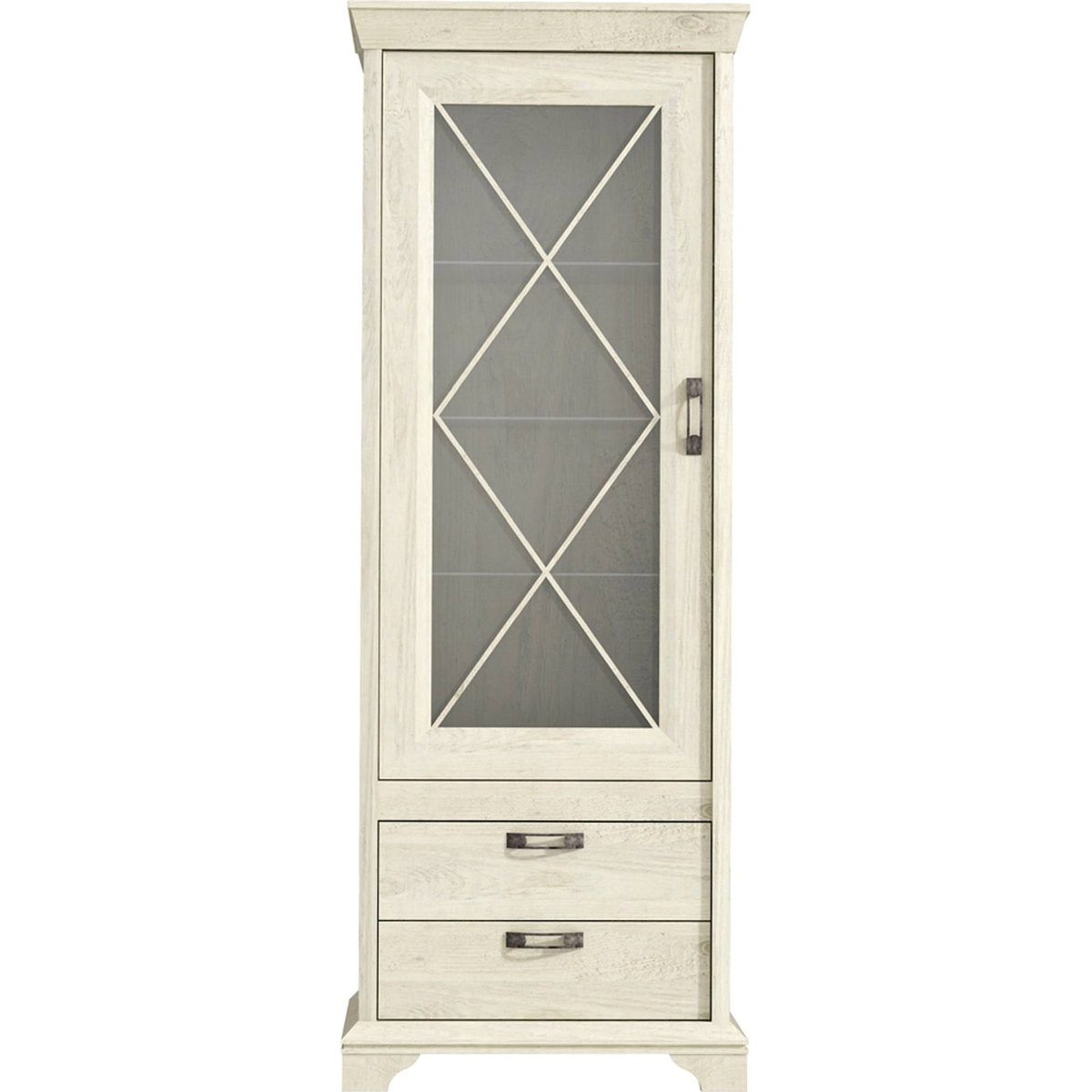 Vitrine 1 porte 2 tiroirs collection XISTO pin blanc patiné avec poignées argent vieilli, RECOLLECTION