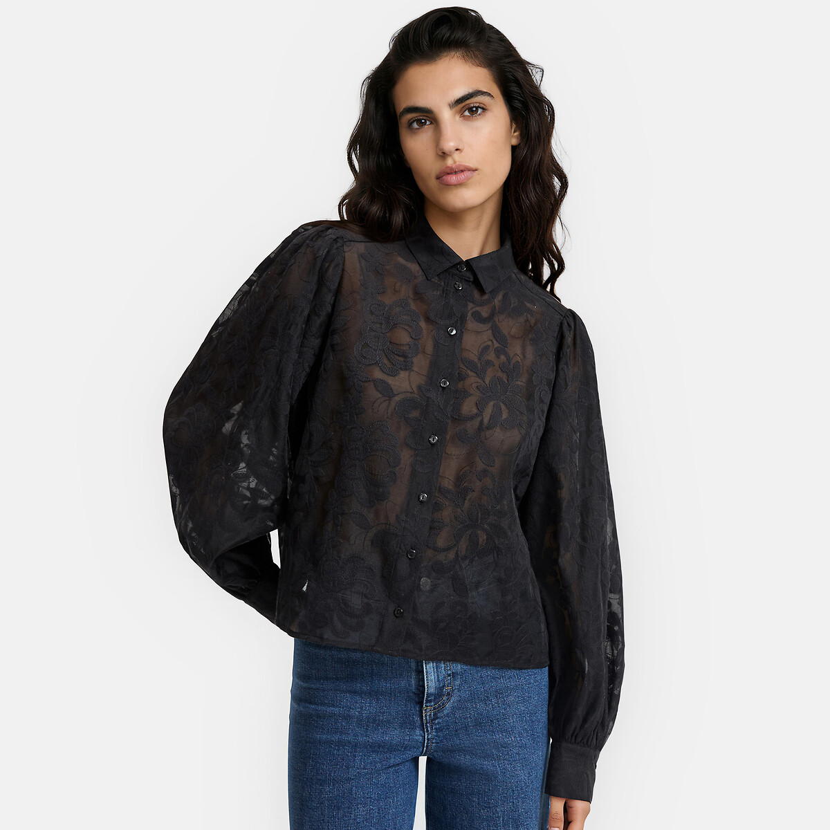 Camicia ampia ricamata, con maniche a sbuffo nero , LA REDOUTE COLLECTIONS