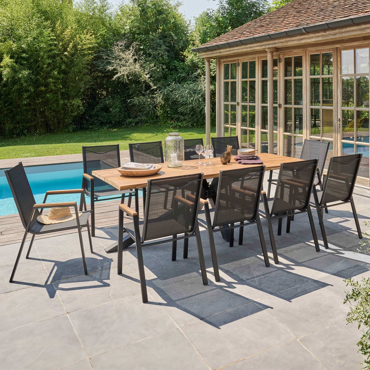 Table de jardin en bois d'acacia FSC 8 personnes, STELLA bois, OVIALA