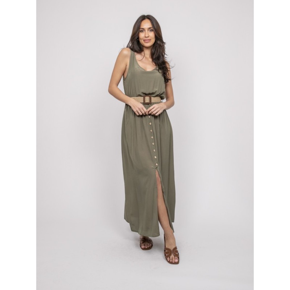 Robe Longue Avec Ceinture Ilanel kaki, DONA LISA