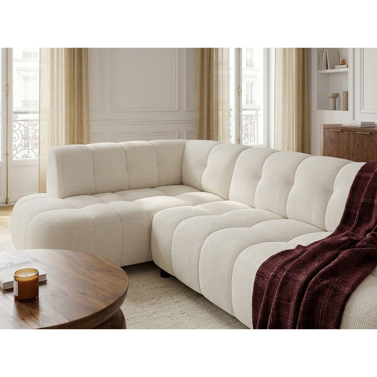 Canapé d'angle convertible 3 places en tissu lisse, LOVELY beige, BOBOCHIC