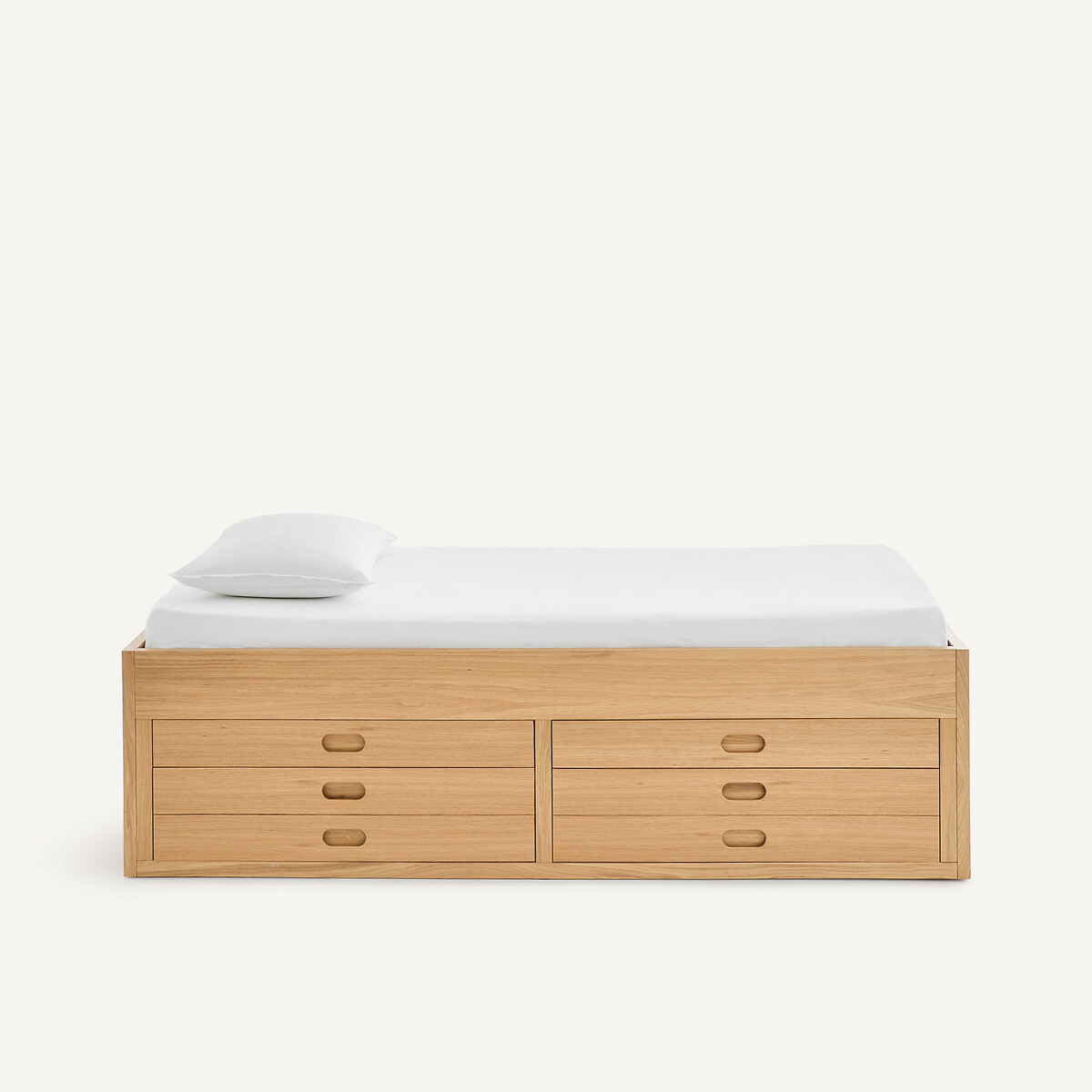 Cama de plataforma com 4 gavetas em folheado de carvalho, OCTAVO carvalho natural, AM.PM
