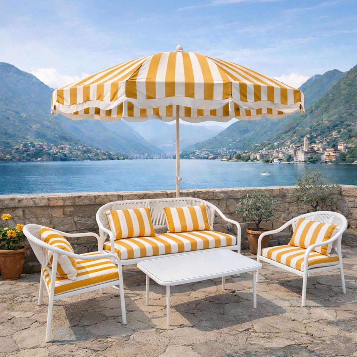 Salon de jardin table basse et 2 fauteuils 1 canapé en métal, POSITANO ocre, NOW'S HOME