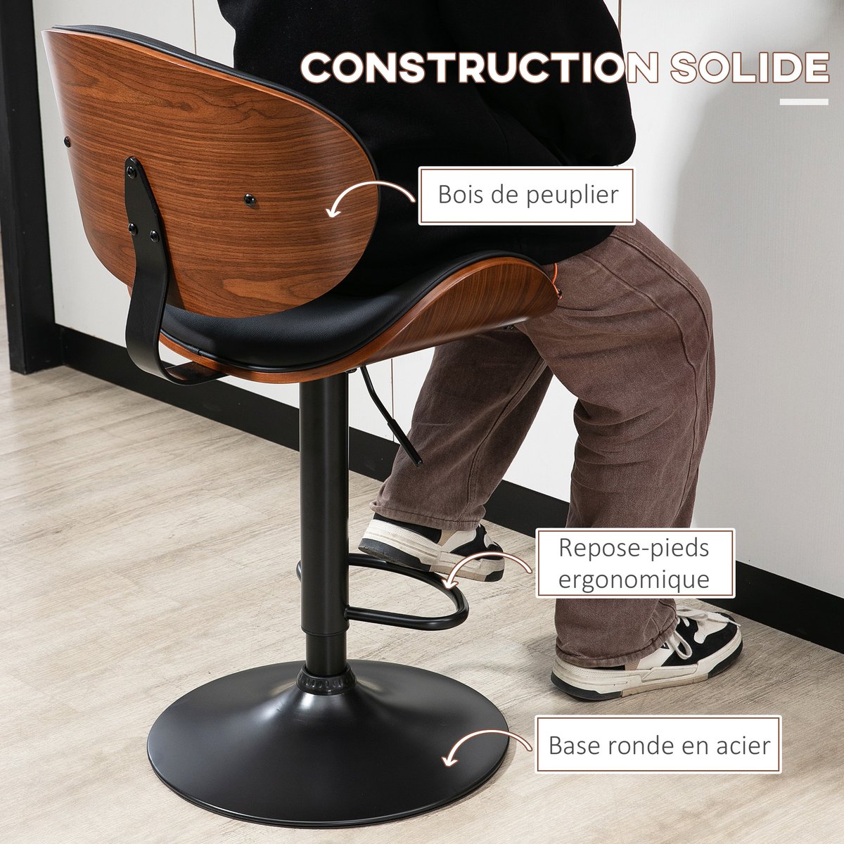 Tabouret de bar Revêtement synthétique PU noir, bois foncé, HOMCOM