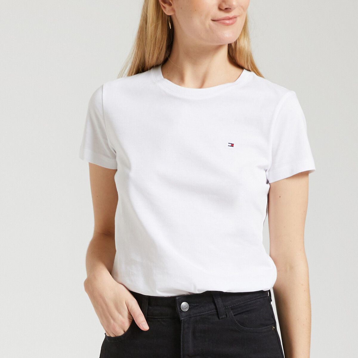 Tee shirt en coton col rond manches courtes blanc, TOMMY HILFIGER