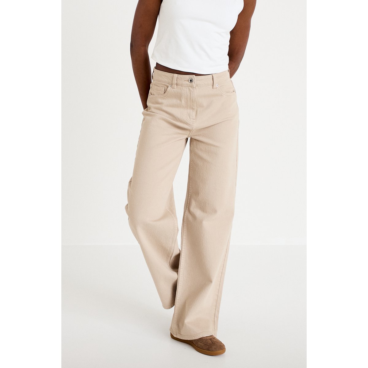 Jean wide leg taille haute beige, CACHE CACHE