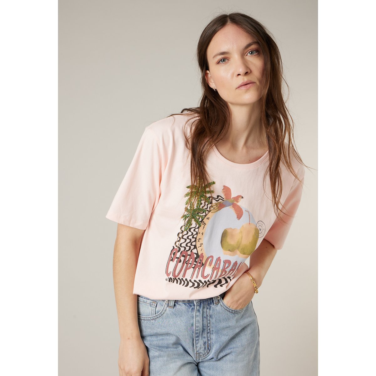T-shirt femme en coton ALBANE rose clair, DEELUXE