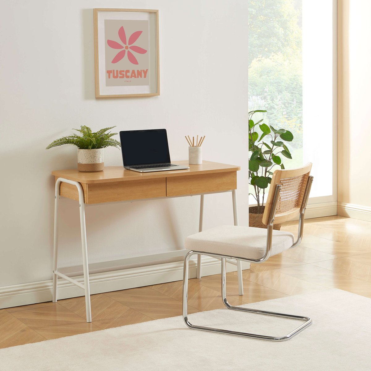 Bureau 2 tiroirs ESRA blanc et effet chêne, BAÏTA