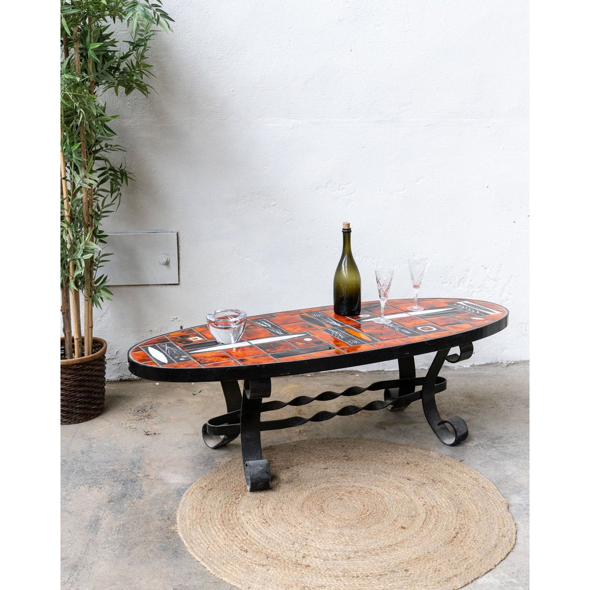Table basse ovale en céramique orange et noir Donna N°1602 - Bon état orange, DEBONGOUT