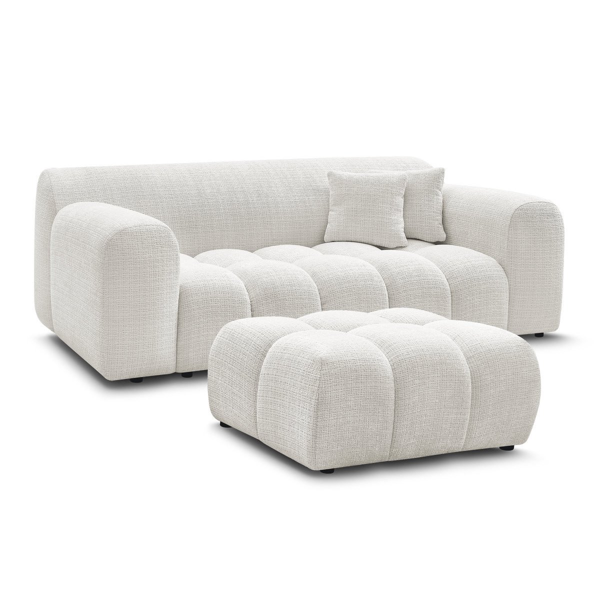 Canapé droit fixe 2 places en tissu texturé avec pouf, MELISSE blanc, BOBOCHIC
