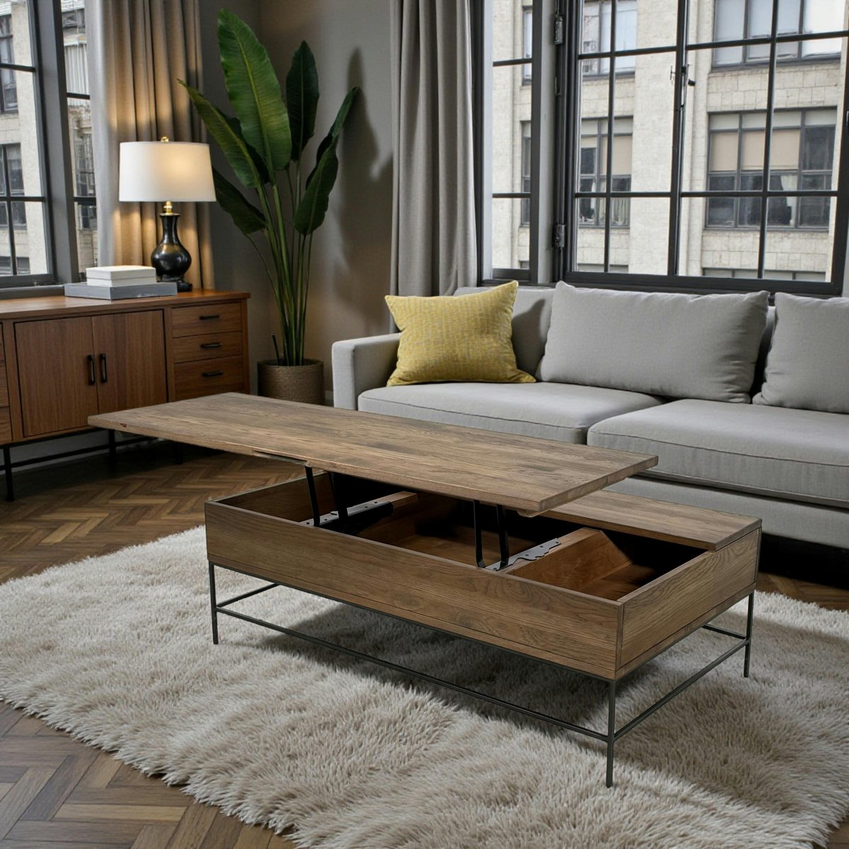Table basse relevable en bois massif et métal avec rangement style industriel contemporain HUDSON bois naturel, PIER IMPORT