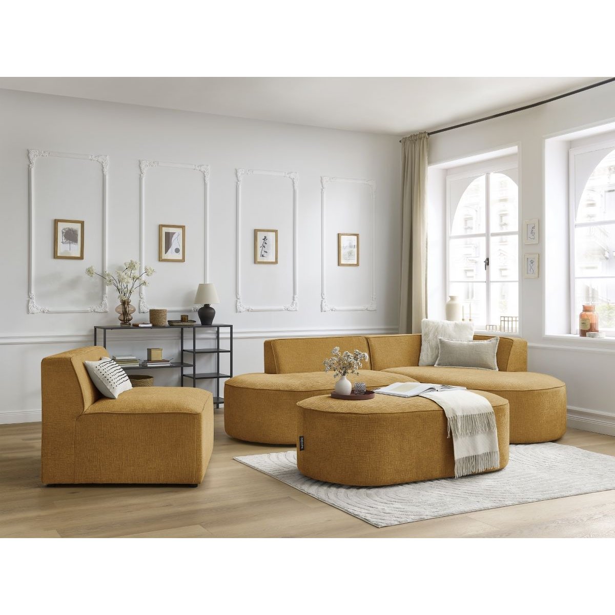Canapé modulable 6 places en tissu texturé, ROUSSEAU jaune, BOBOCHIC