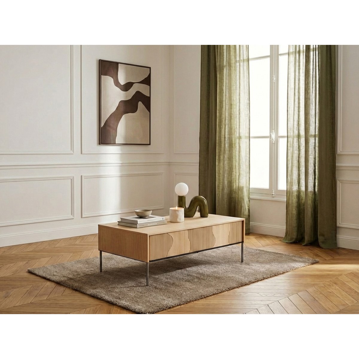 Table basse rectangle en panneaux de particules et MDF, FLORE noir et chêne, BOBOCHIC