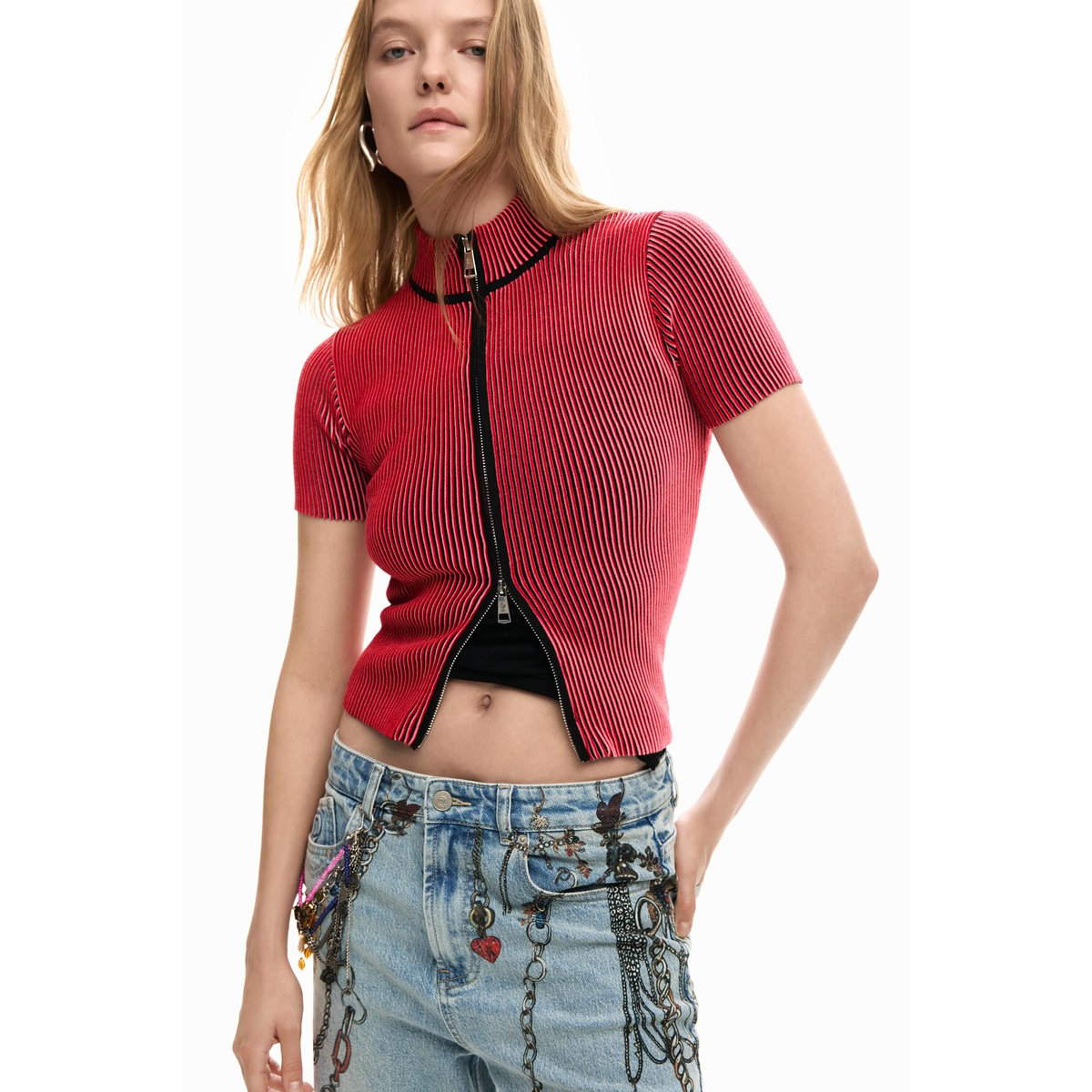 Top en maille irisée rouge, DESIGUAL