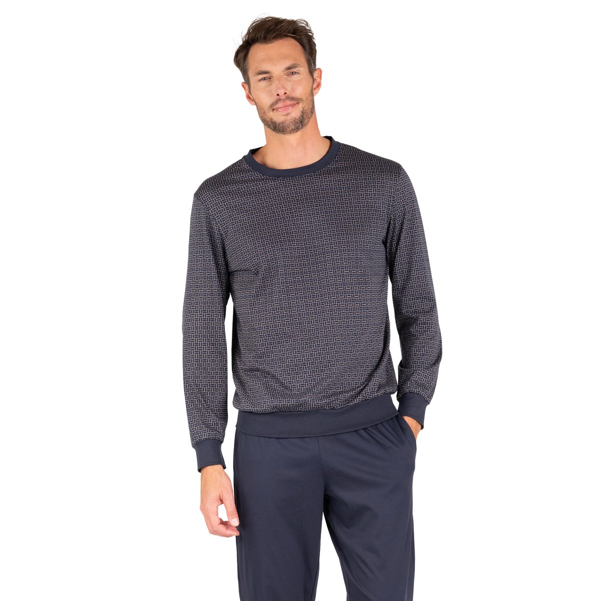 Pyjama mercerisé imprimé col rond bleu marine/imprimé, EMINENCE