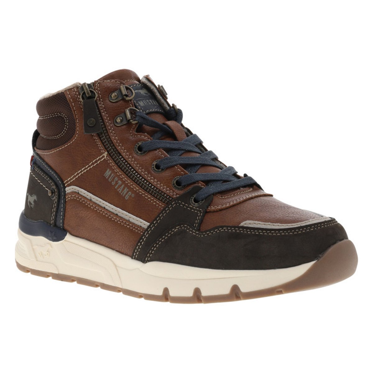 Baskets cognac à talon plat avec des lacets et un zip latéral cognac, MUSTANG
