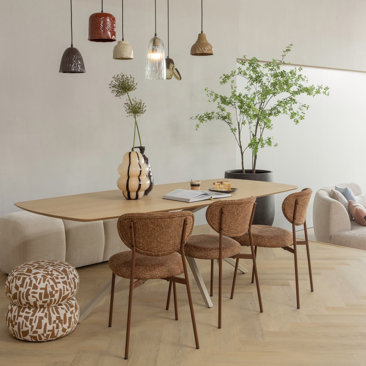 Pouf en polyester et lin ANIC marron, WOOOD