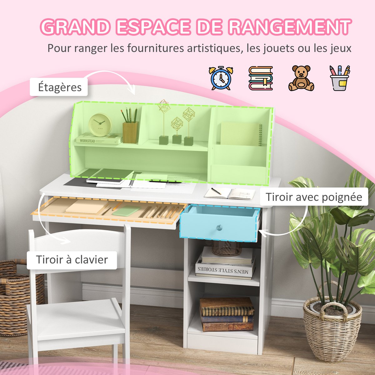 Bureau d'étude pour enfants avec chaise MDF blanc, ZONEKIZ