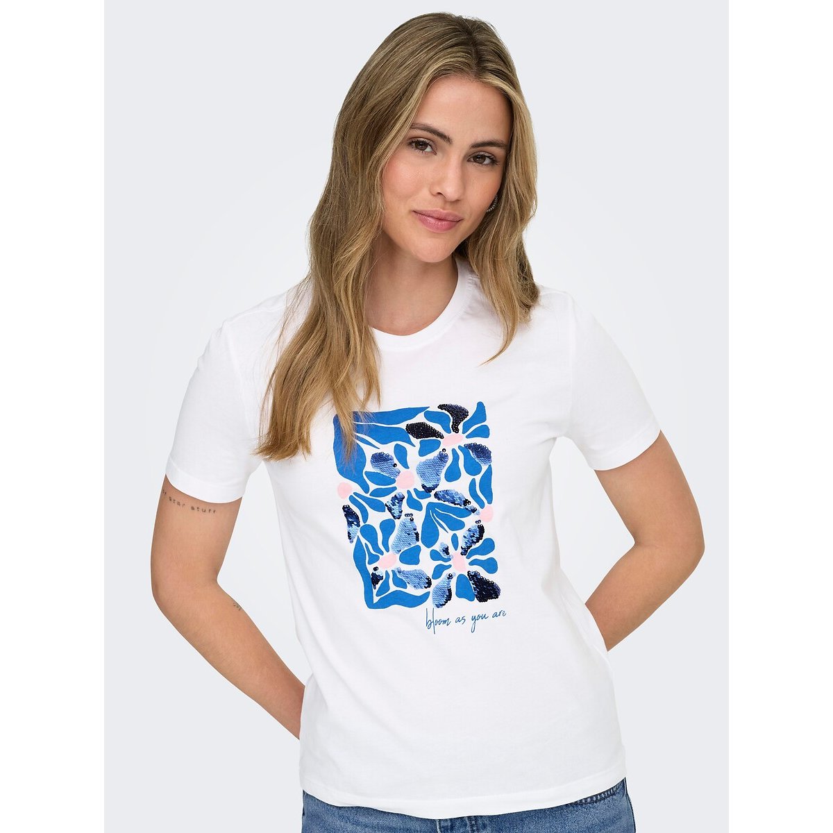 Printed Short Sleeve T-Shirt white with flowers, ONLY