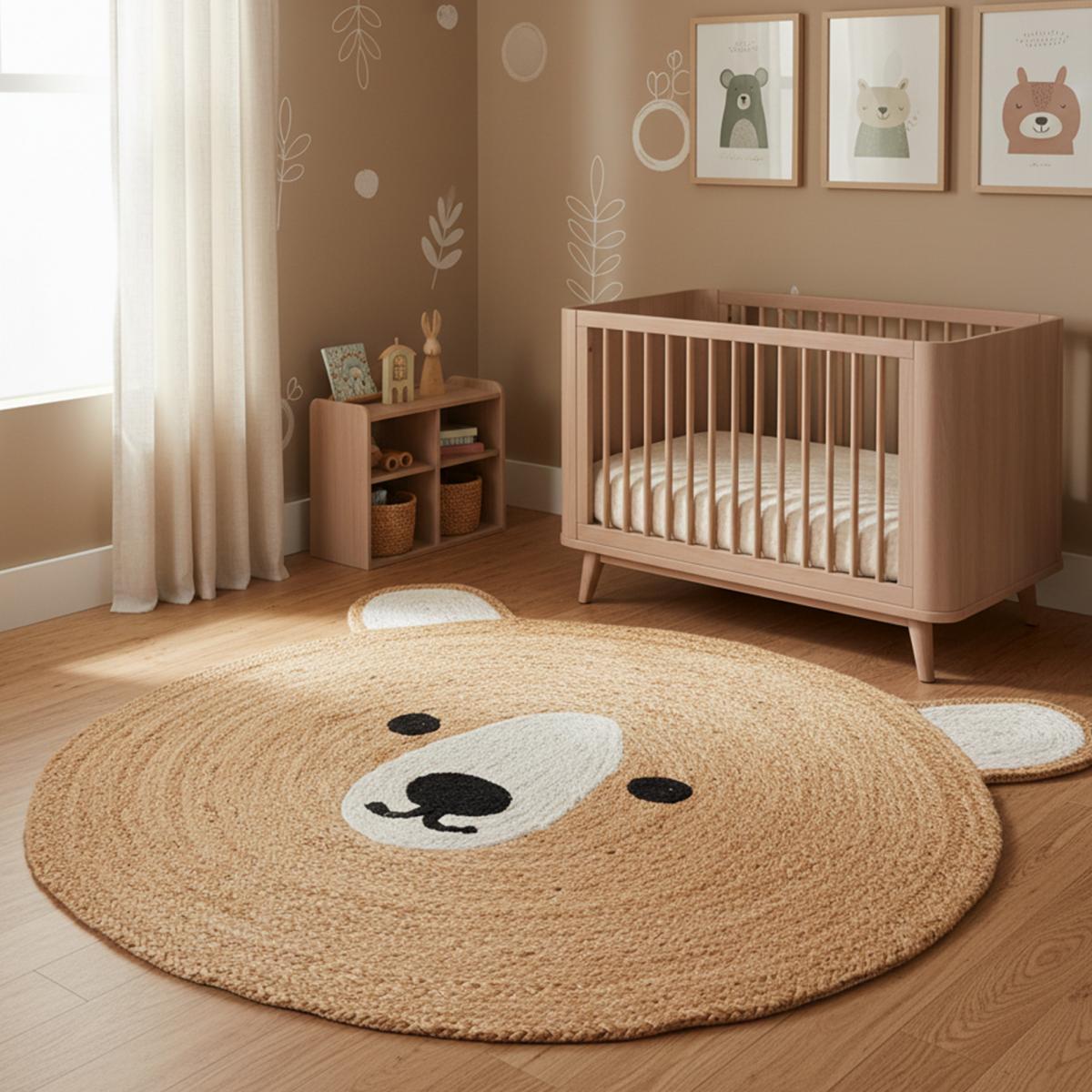 Tapis rond fait main en jute motif animaux JUTEBEAR beige, marron, écru, UN AMOUR DE TAPIS