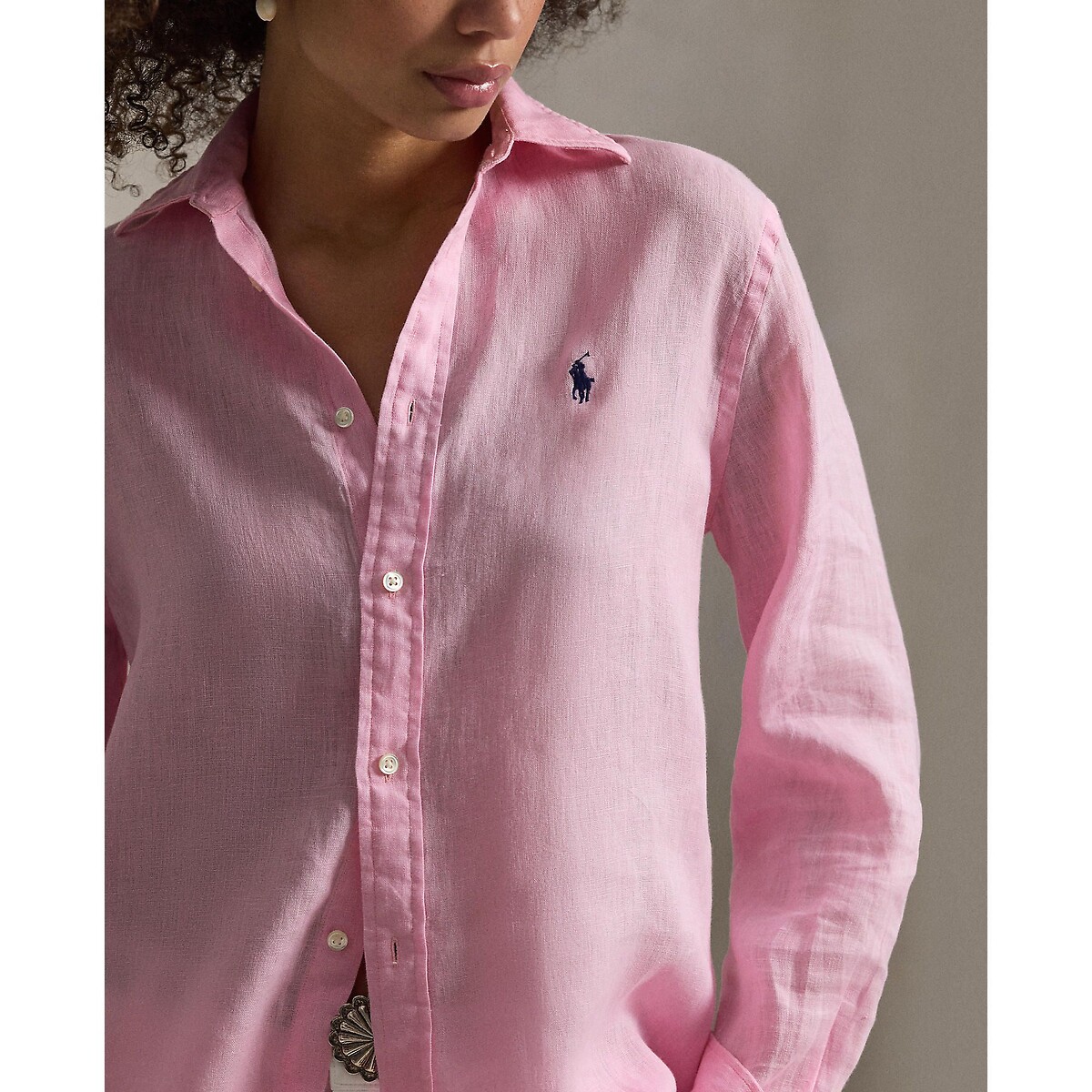 Camisa de lino de manga larga rosa claro, POLO RALPH LAUREN