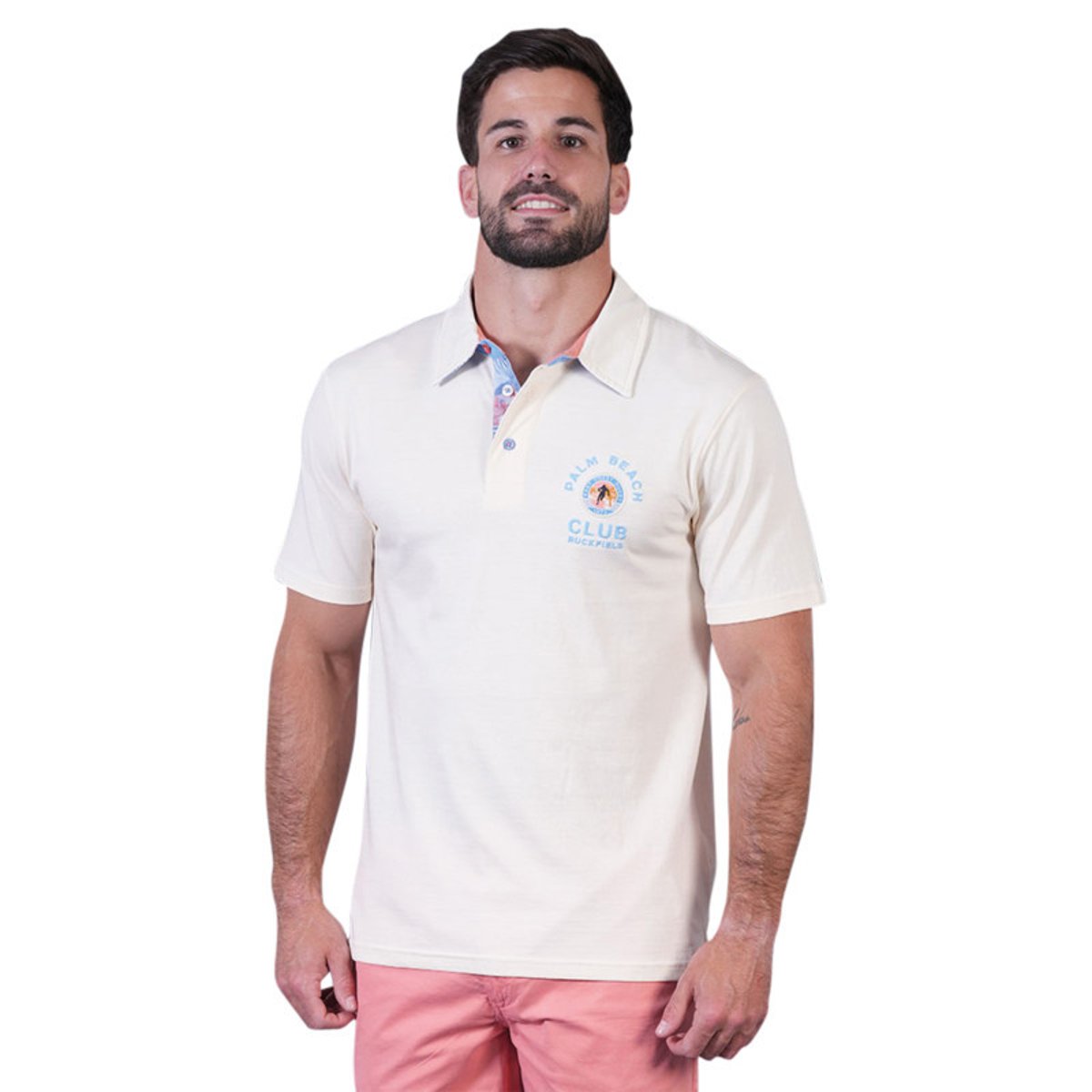 Polo en coton biologique écru uni pourvu d'une coupe droite et d'un col boutonné beige, RUCKFIELD